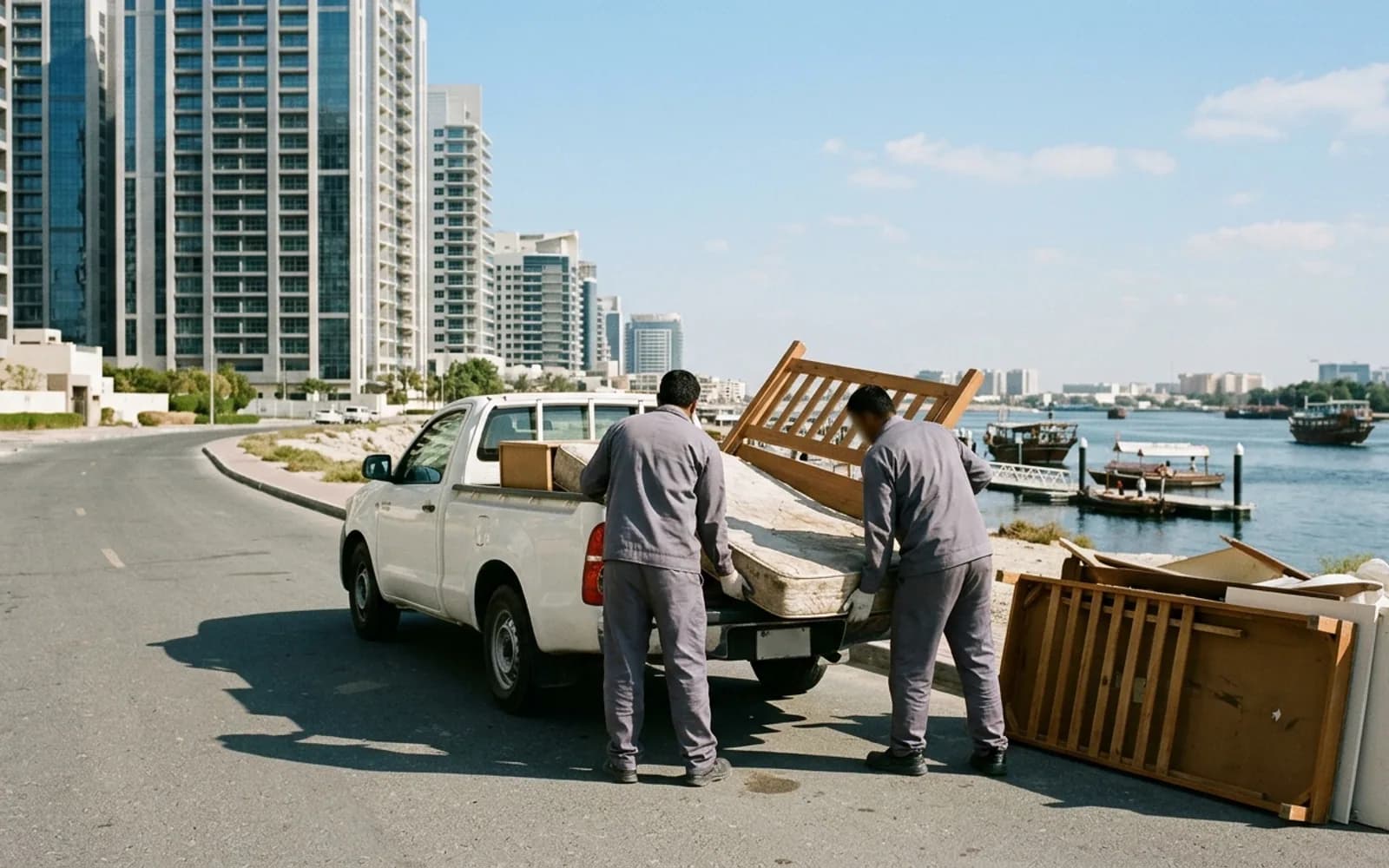 Junk removal crew loading a truck in Al Jaddaf, Dubai