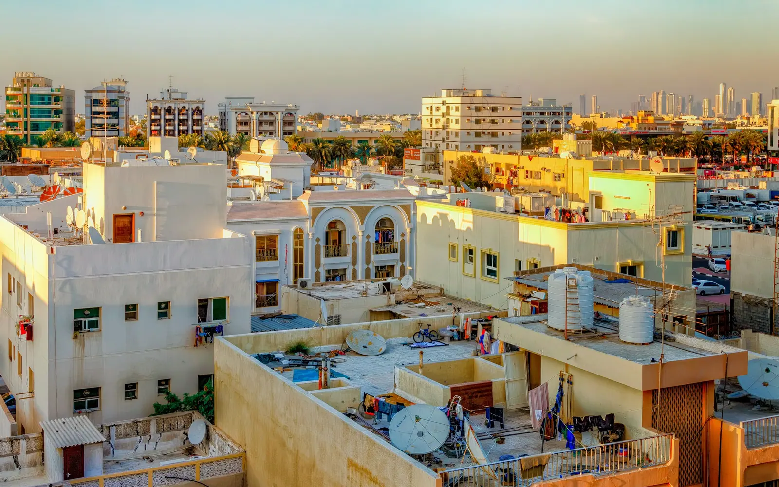 Low-rise apartment buildings in an older Dubai neighbourhood