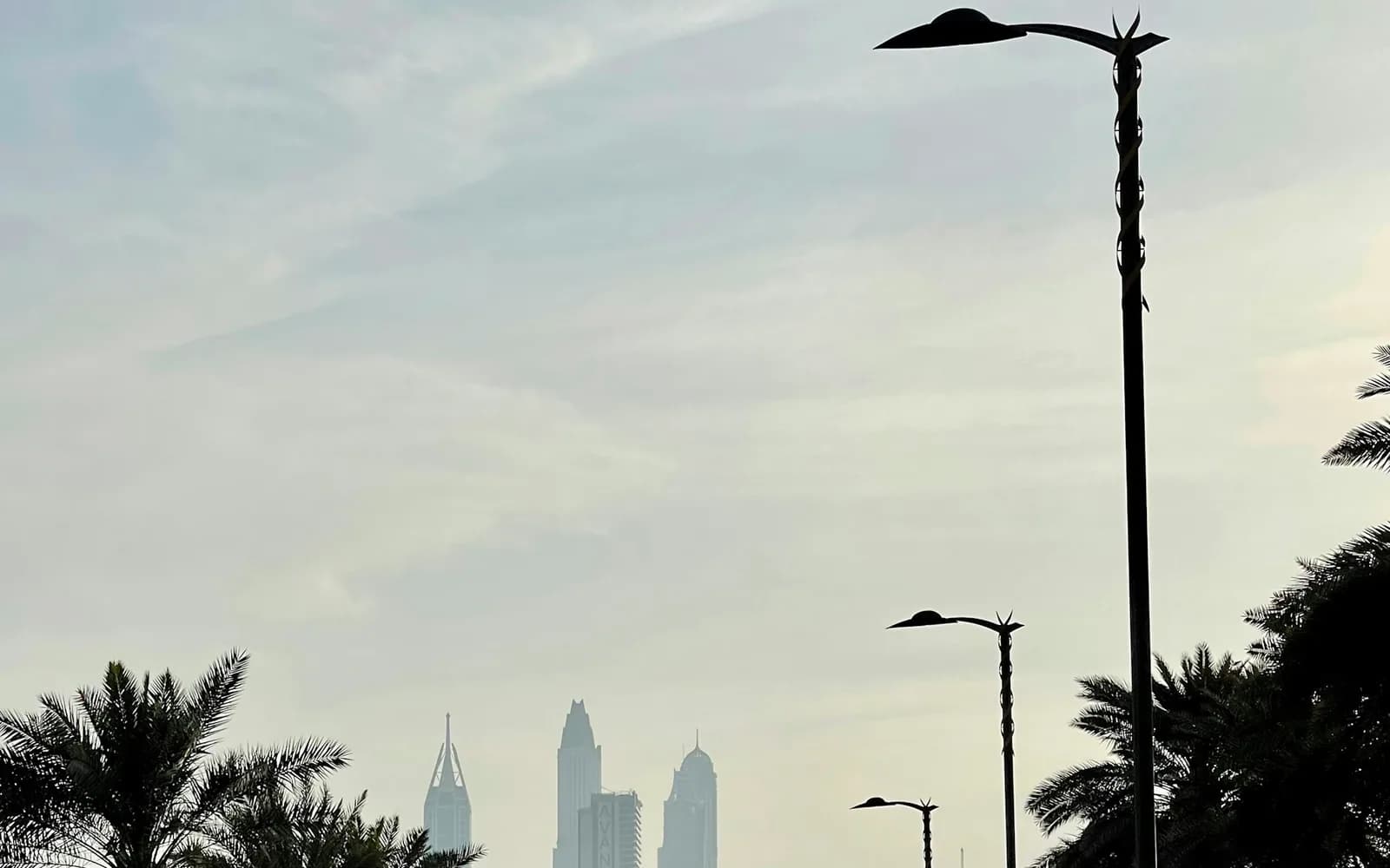 Palm-lined Dubai road on a hazy morning