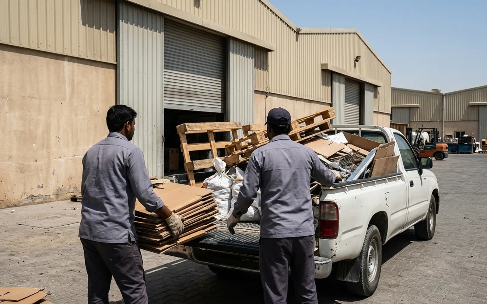Junk removal crew loading a truck in Al Quoz, Dubai
