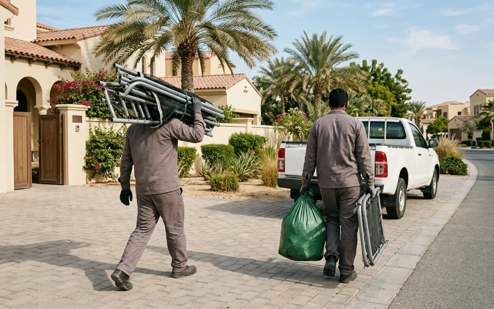 Junk removal crew loading a truck in Arabian Ranches, Dubai