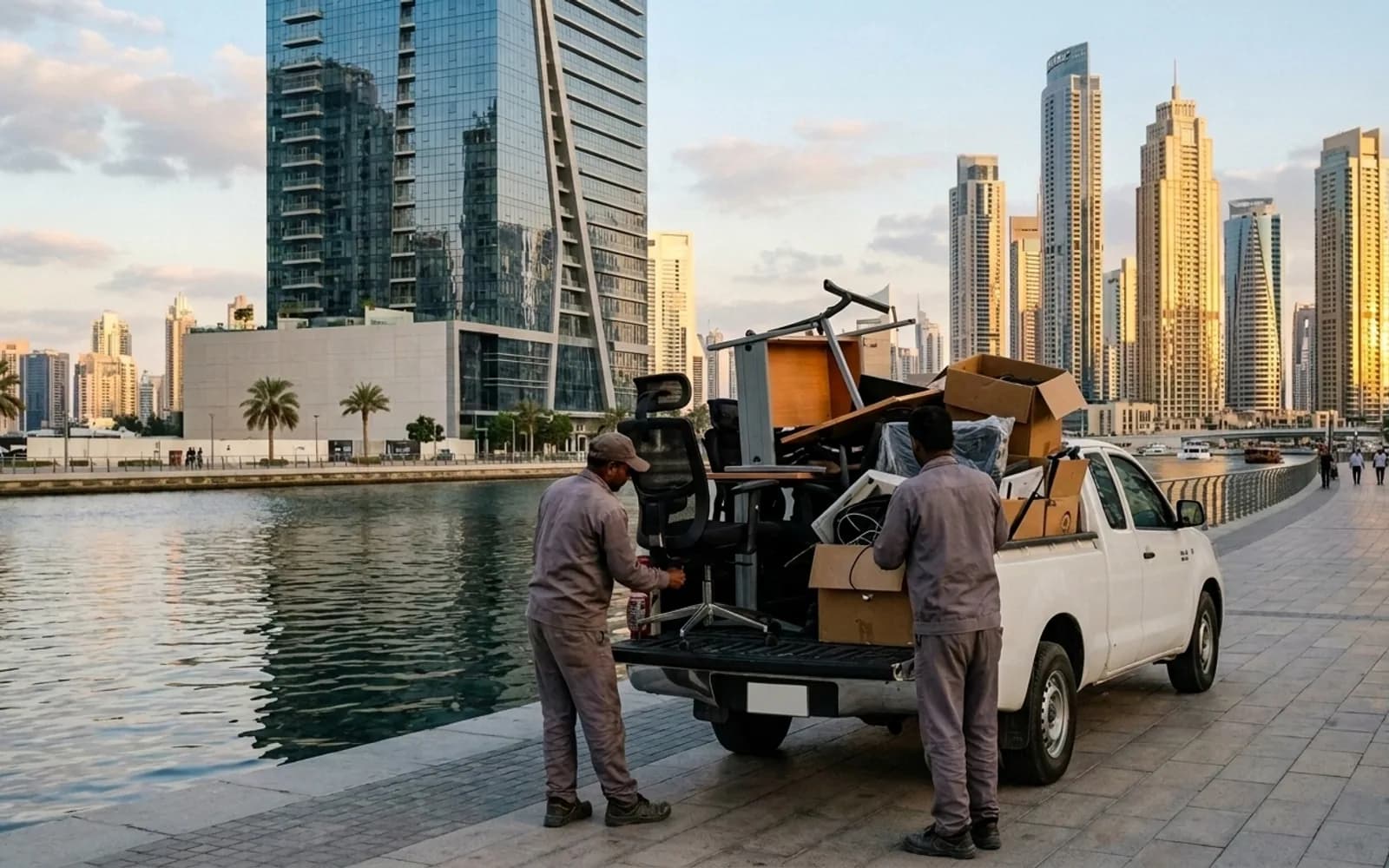Junk removal crew loading a truck in Business Bay, Dubai