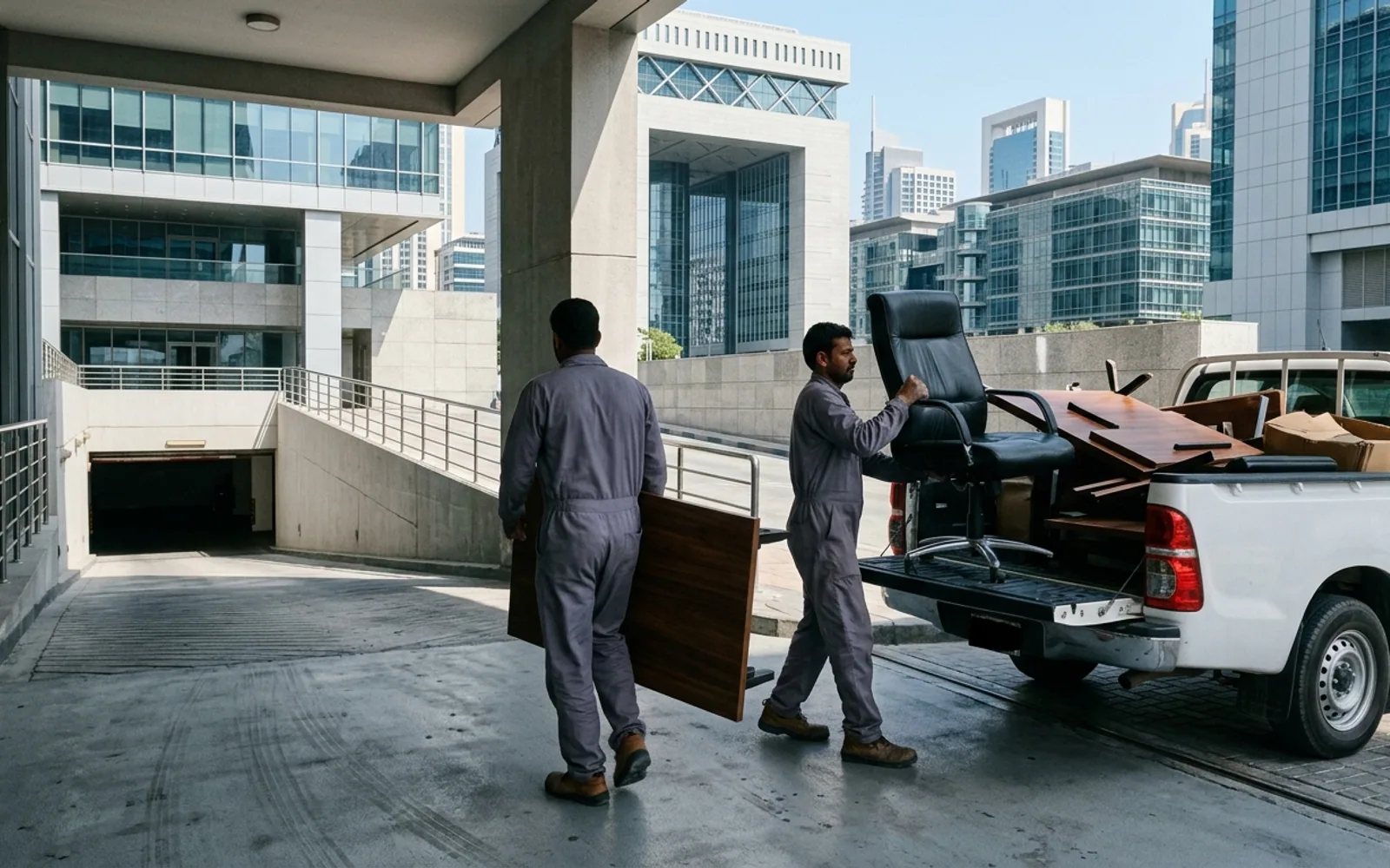 Junk removal crew loading a truck in DIFC, Dubai