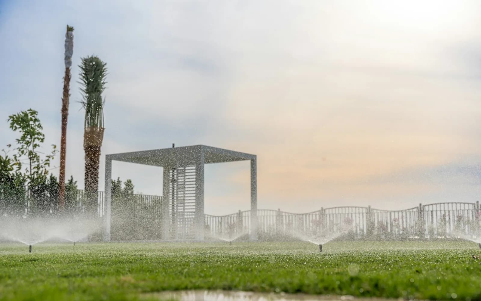 Community lawn with sprinklers and a pergola