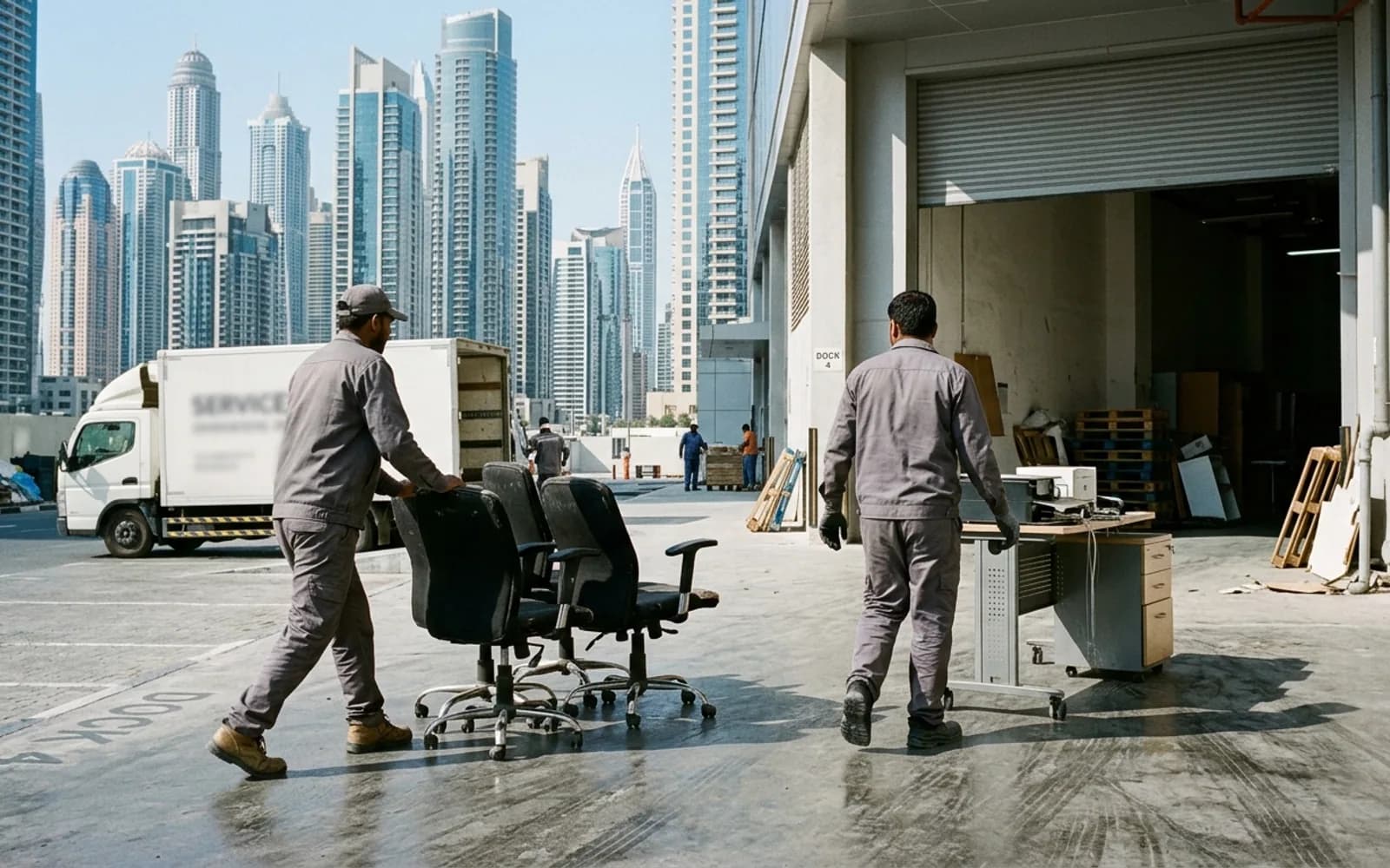 Junk removal crew loading a truck in Downtown Dubai, Dubai