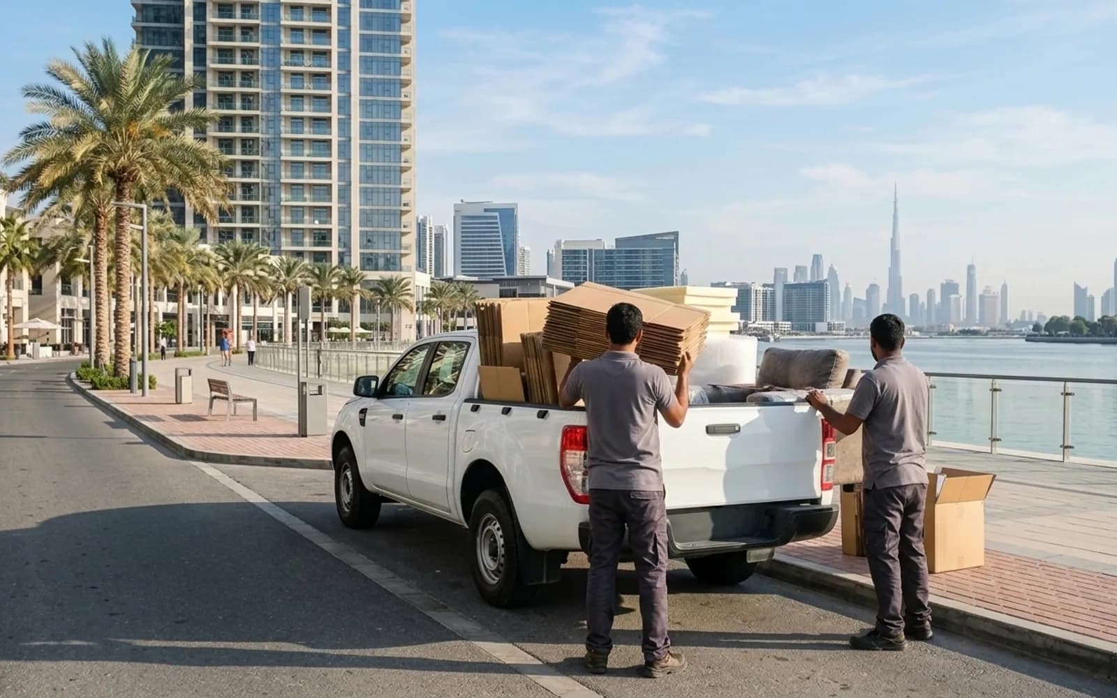 Junk removal crew loading a truck in Dubai Creek Harbour, Dubai