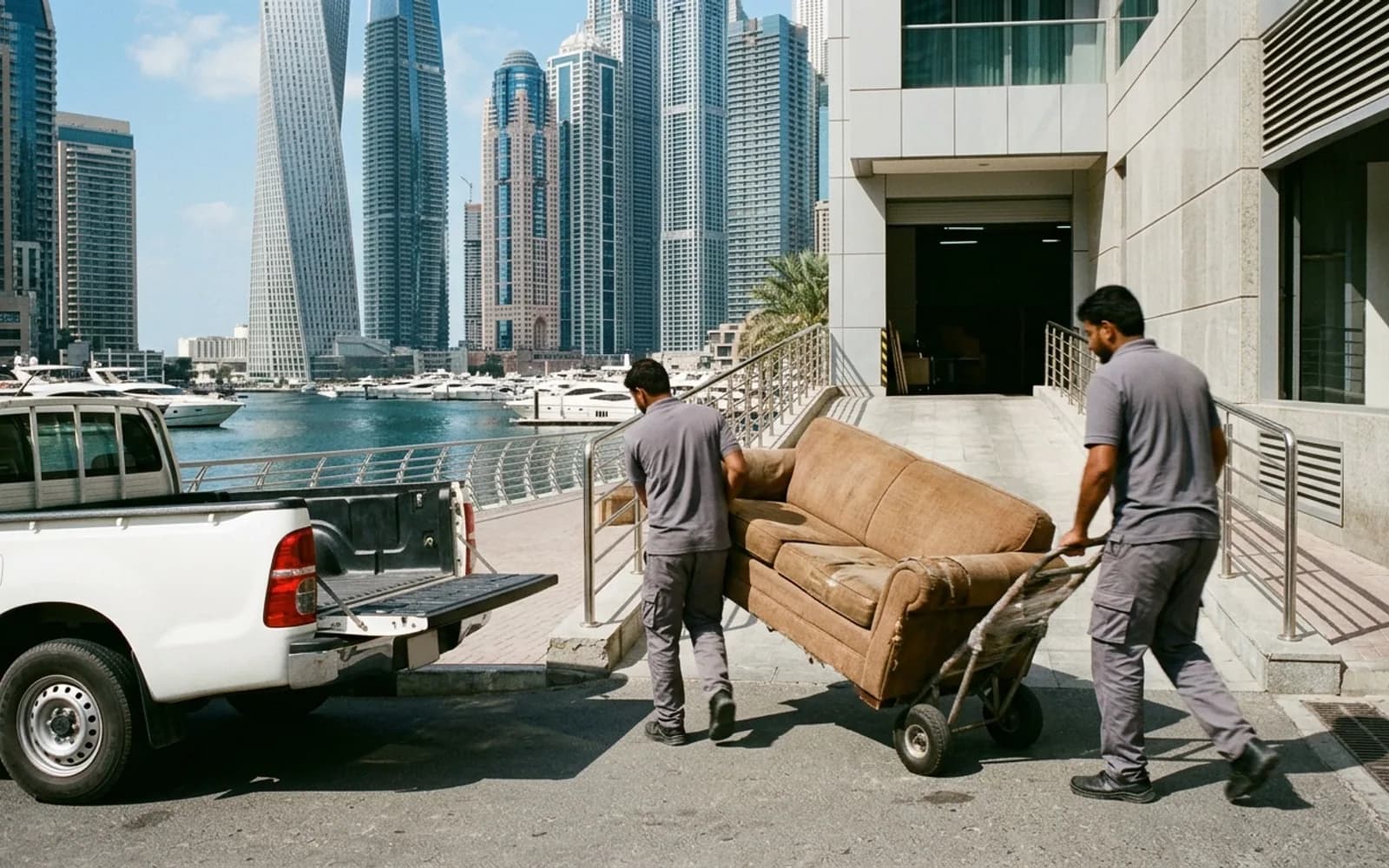 Junk removal crew loading a truck in Dubai Marina, Dubai