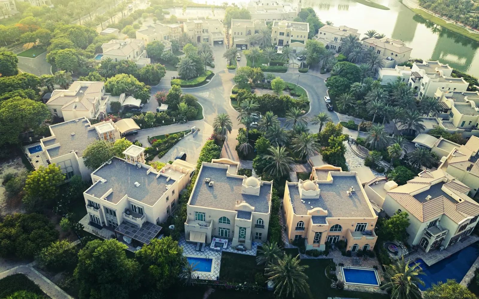 Aerial view of a leafy Dubai villa community