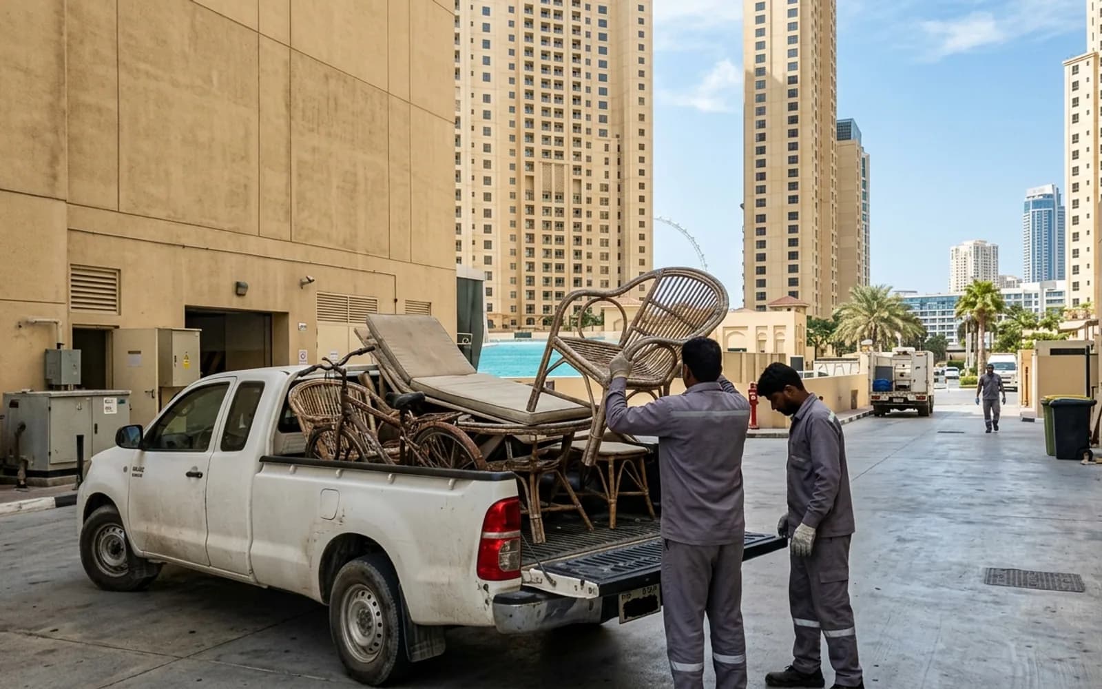 Junk removal crew loading a truck in Jumeirah Beach Residence (JBR), Dubai