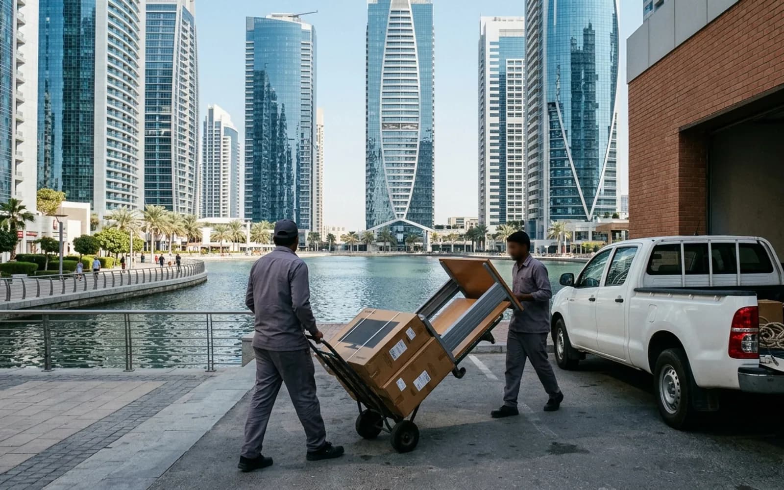 Junk removal crew loading a truck in Jumeirah Lake Towers (JLT), Dubai