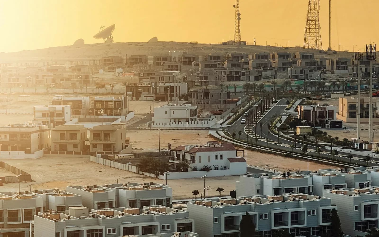 Villa community at sunset on the edge of Dubai
