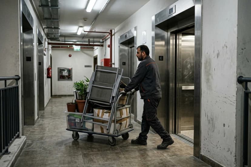 Service corridor inside a high-rise Dubai residential tower with worker moving balcony items on a cart