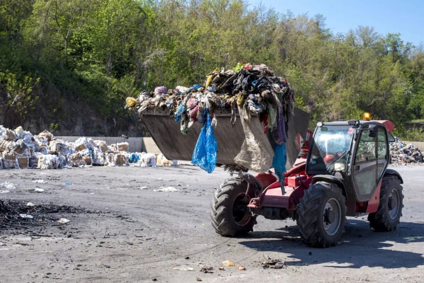 Waste being moved by a loader at a waste treatment site, where sorted construction waste disposal in Dubai is handled