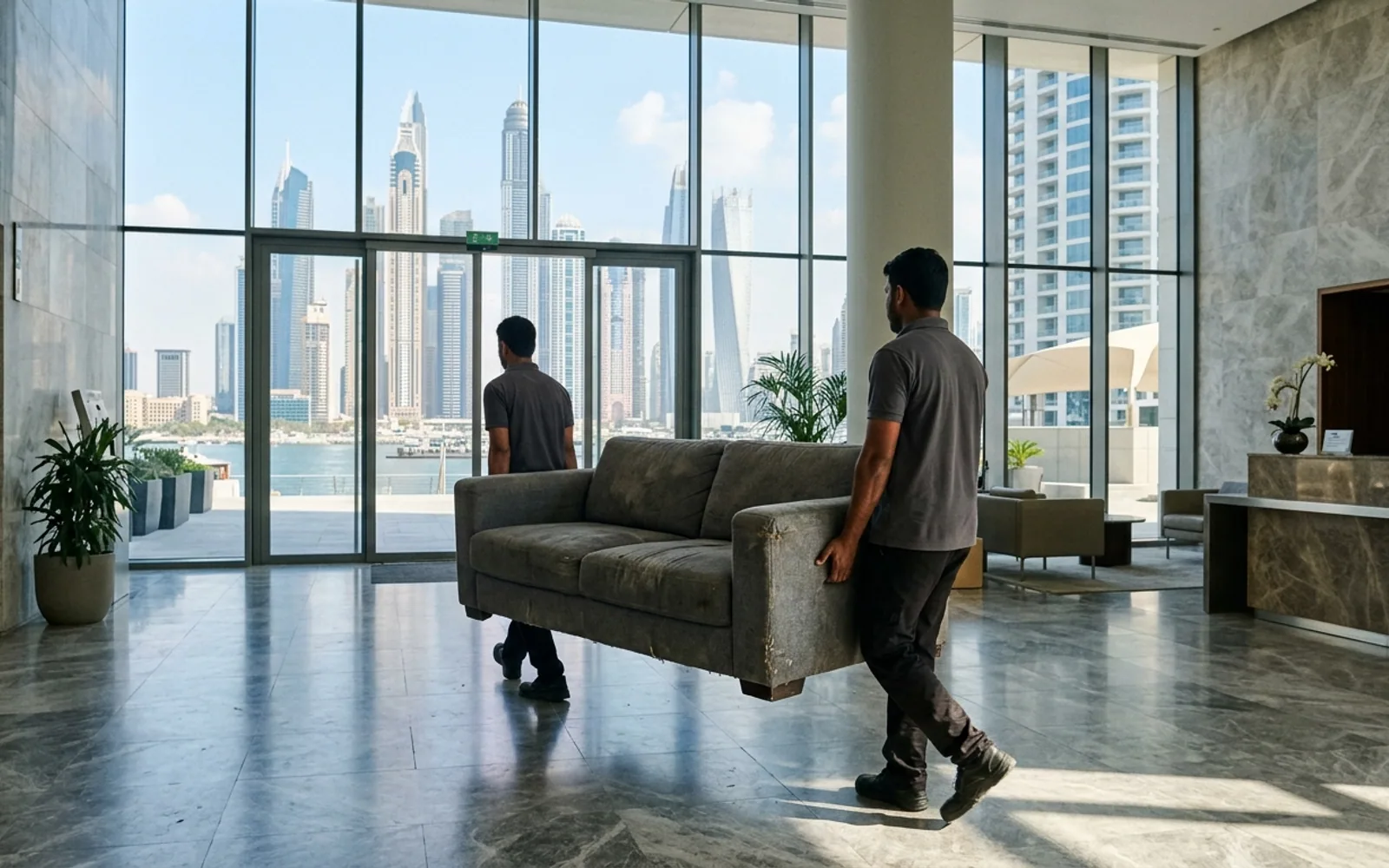 Two crew members carrying an old grey sofa through a Dubai Marina tower lobby for sofa disposal
