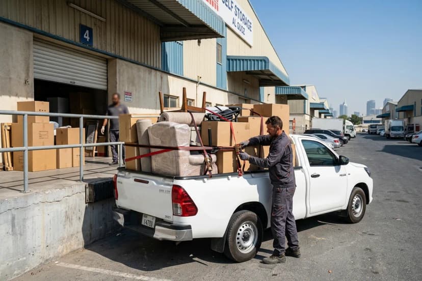 Loading bay outside an Al Quoz self-storage warehouse in Dubai with cleanout vehicle