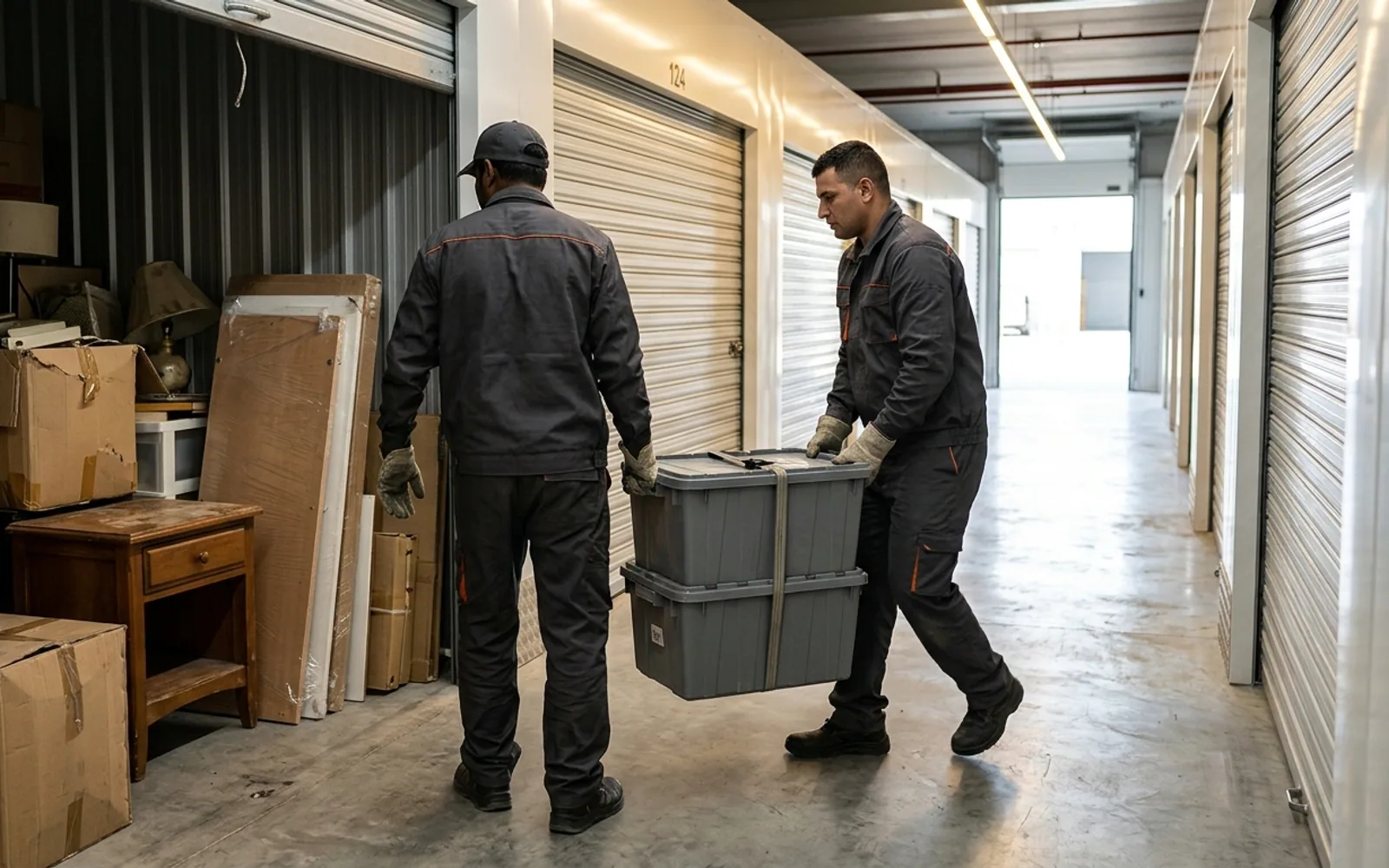 Storage unit cleanout in Dubai with crew members clearing boxes and furniture from an Al Quoz storage locker