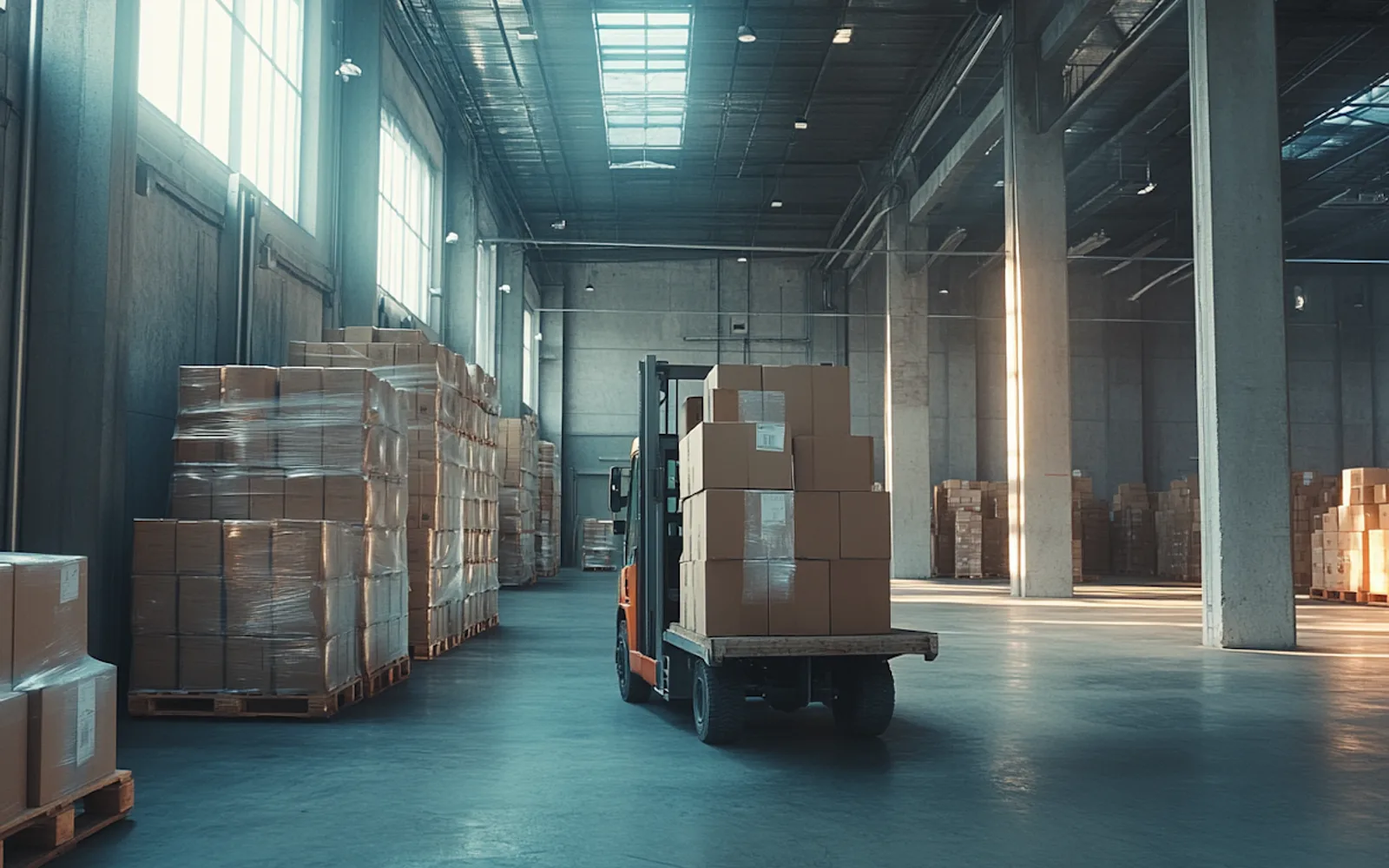 Warehouse interior with stacked pallets of boxes and a forklift, ready for warehouse clearance in Dubai