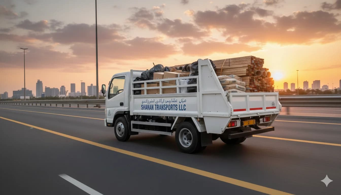Shanan junk removal truck loaded with waste on a Dubai highway