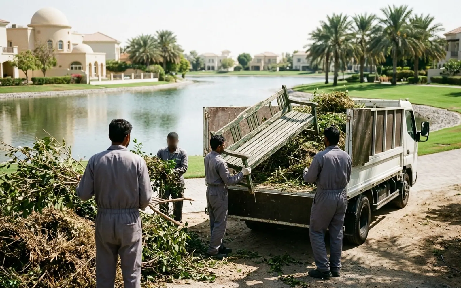 Junk removal crew loading a truck in The Meadows & Springs, Dubai