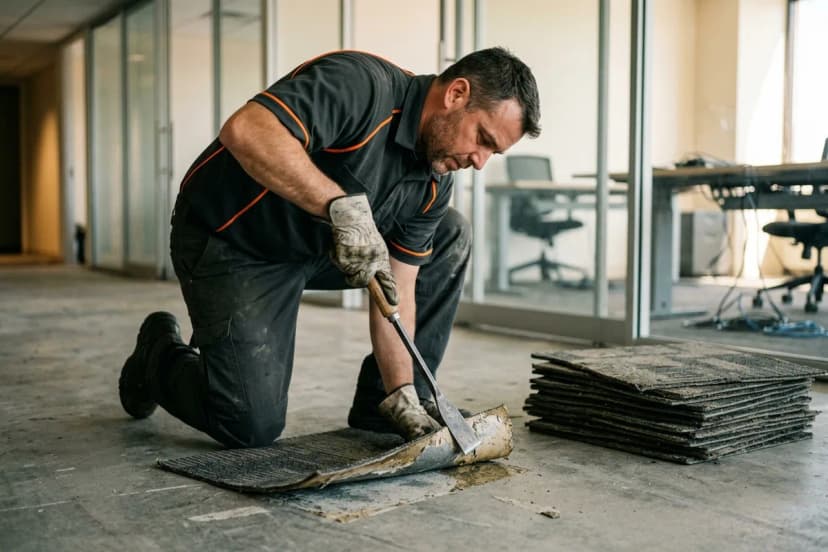 Commercial carpet tiles being pried from subfloor during an office strip-out in Dubai