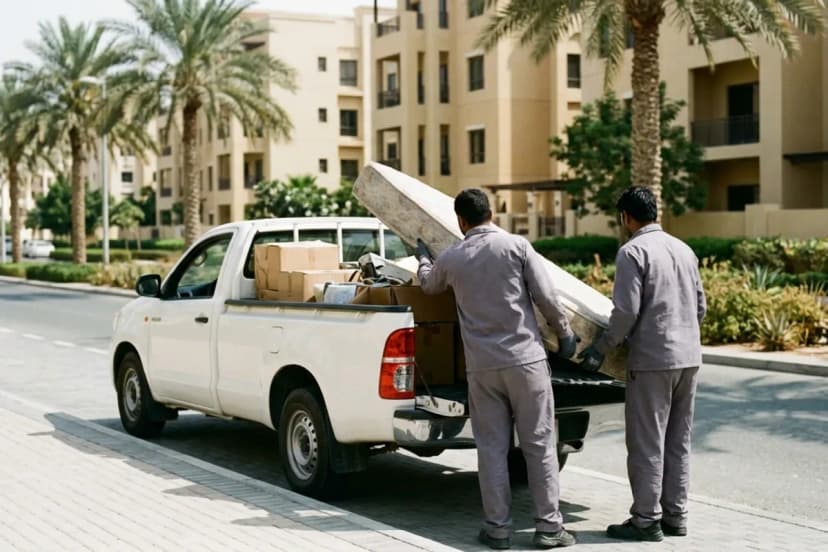 Crew loading an old mattress and boxes onto a white pickup truck outside a Dubai apartment building, a common job in junk removal cost estimates
